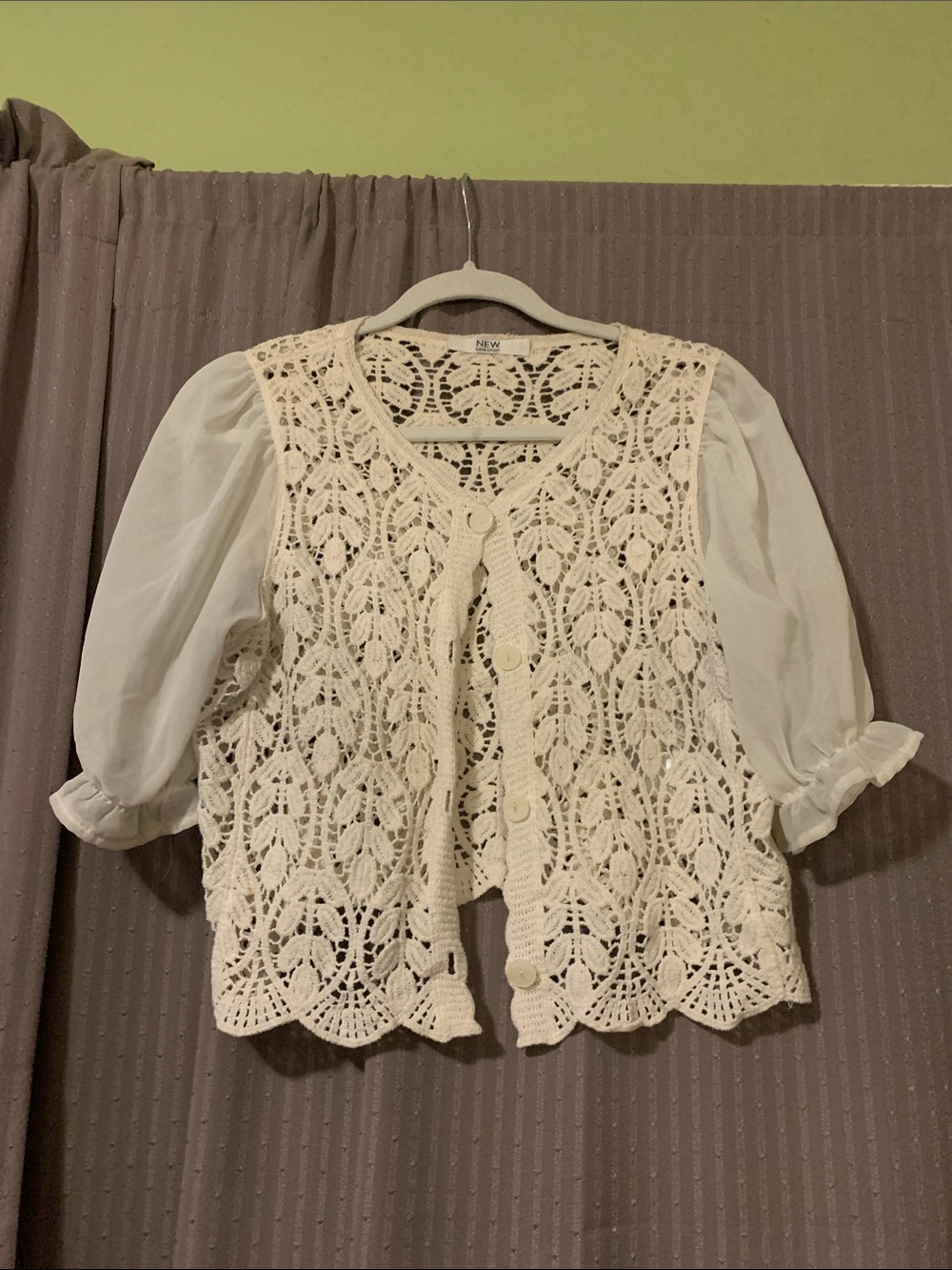 Ivory Crochet Button-Front Blouse with Sheer Puff Sleeves.  Size M/L.